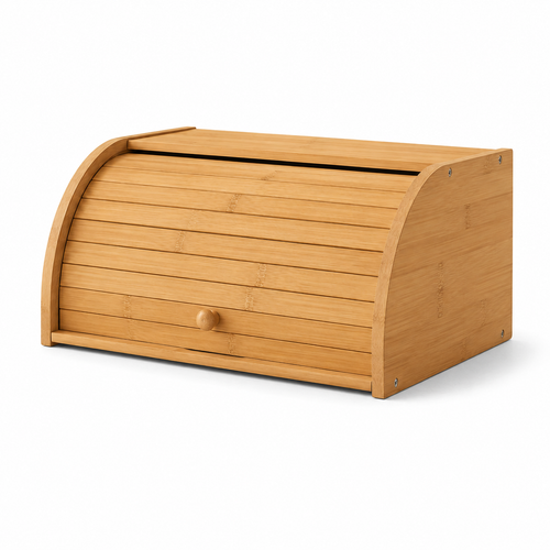 Closed bamboo bread box with a roll-top door and wooden knob