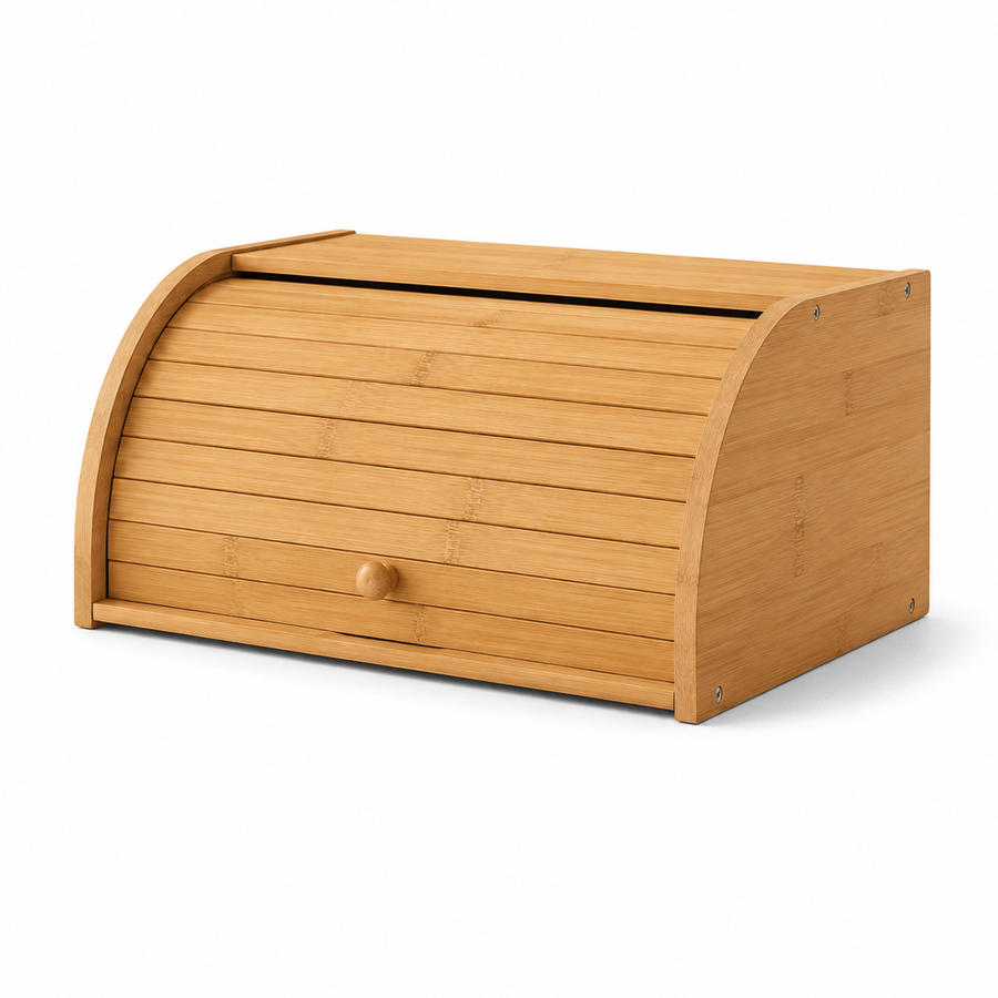 Closed bamboo bread box with a roll-top door and wooden knob