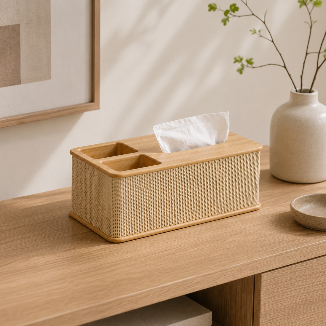 Bamboo Tissue Box Cover for Bathroom and Vanity tabletop or shelf display