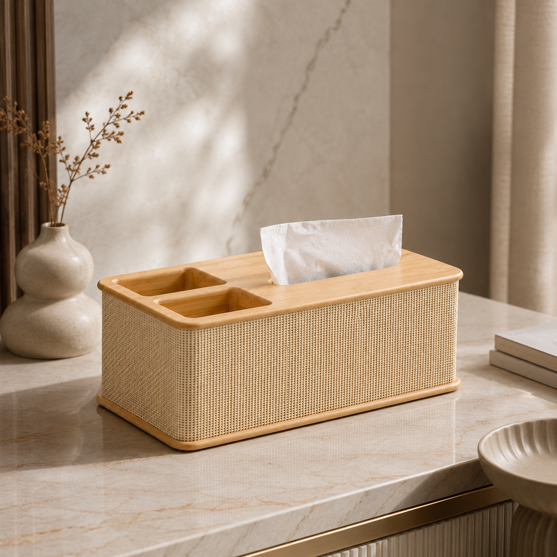 Bamboo Tissue Box Cover for Bathroom and Vanity grouped product view
