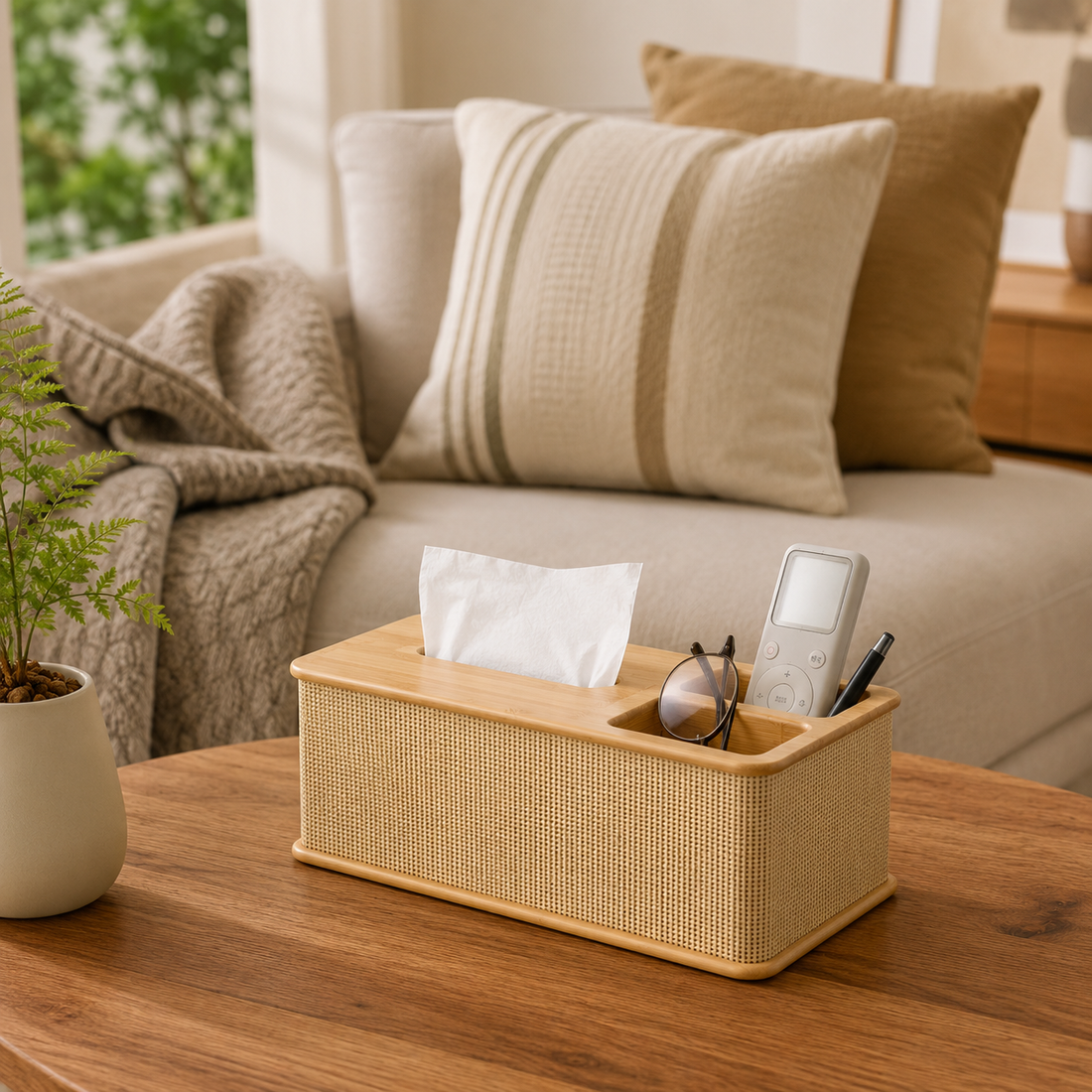 Bamboo Tissue Box Cover for Bathroom and Vanity woven detail view