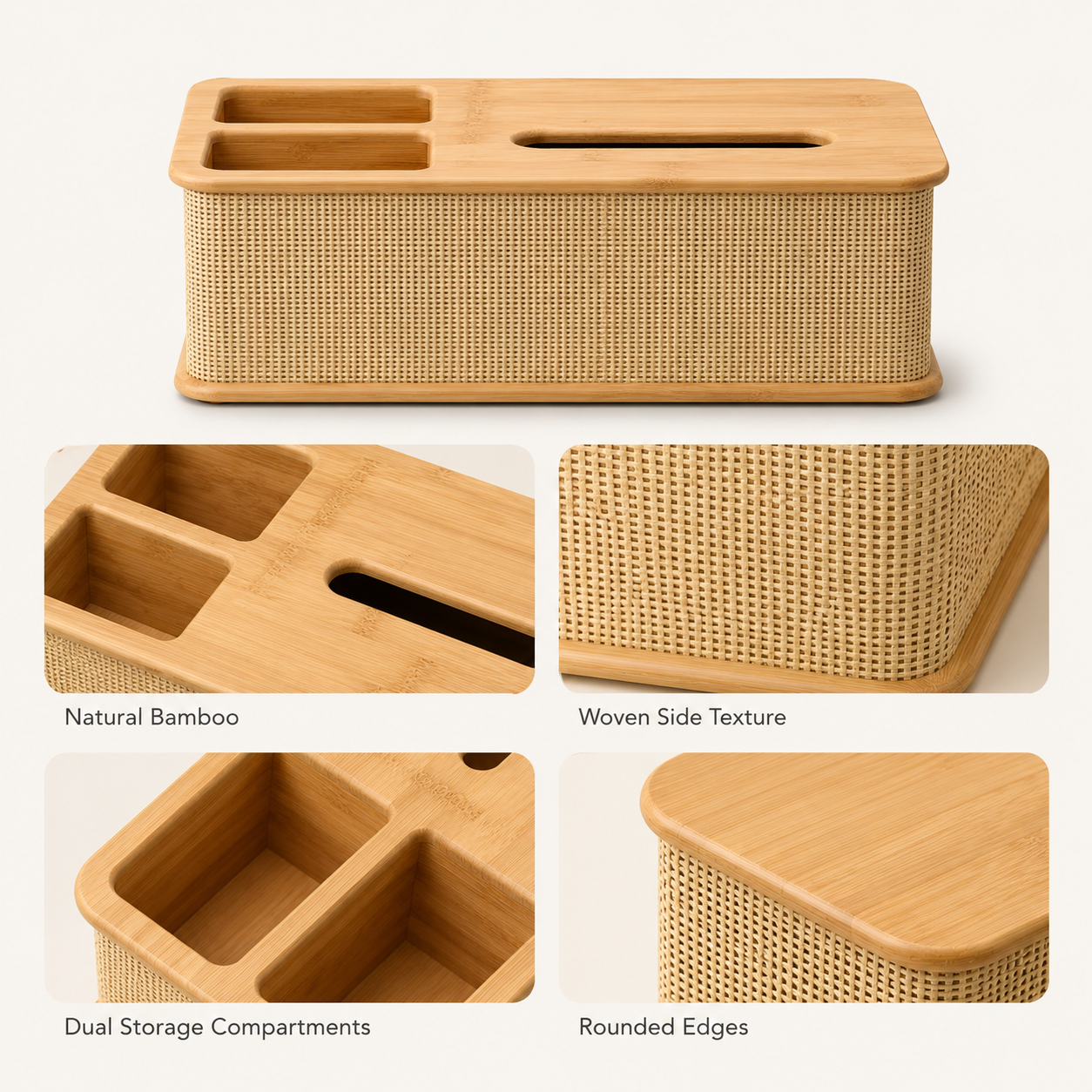 Bamboo Tissue Box Cover for Bathroom and Vanity styled in a natural home setting