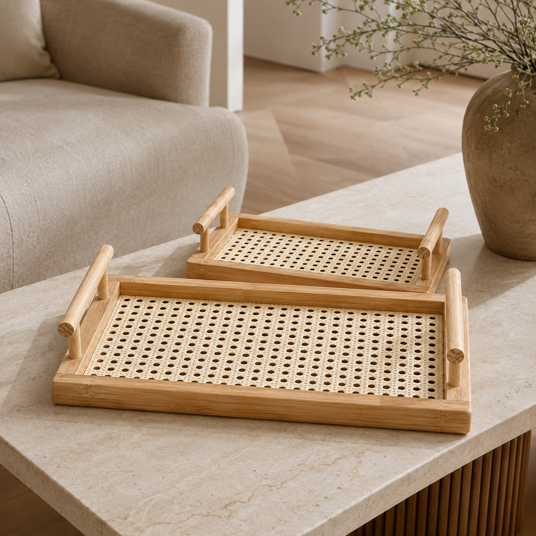 Rectangular Bamboo Serving Tray with Woven Base close-up texture