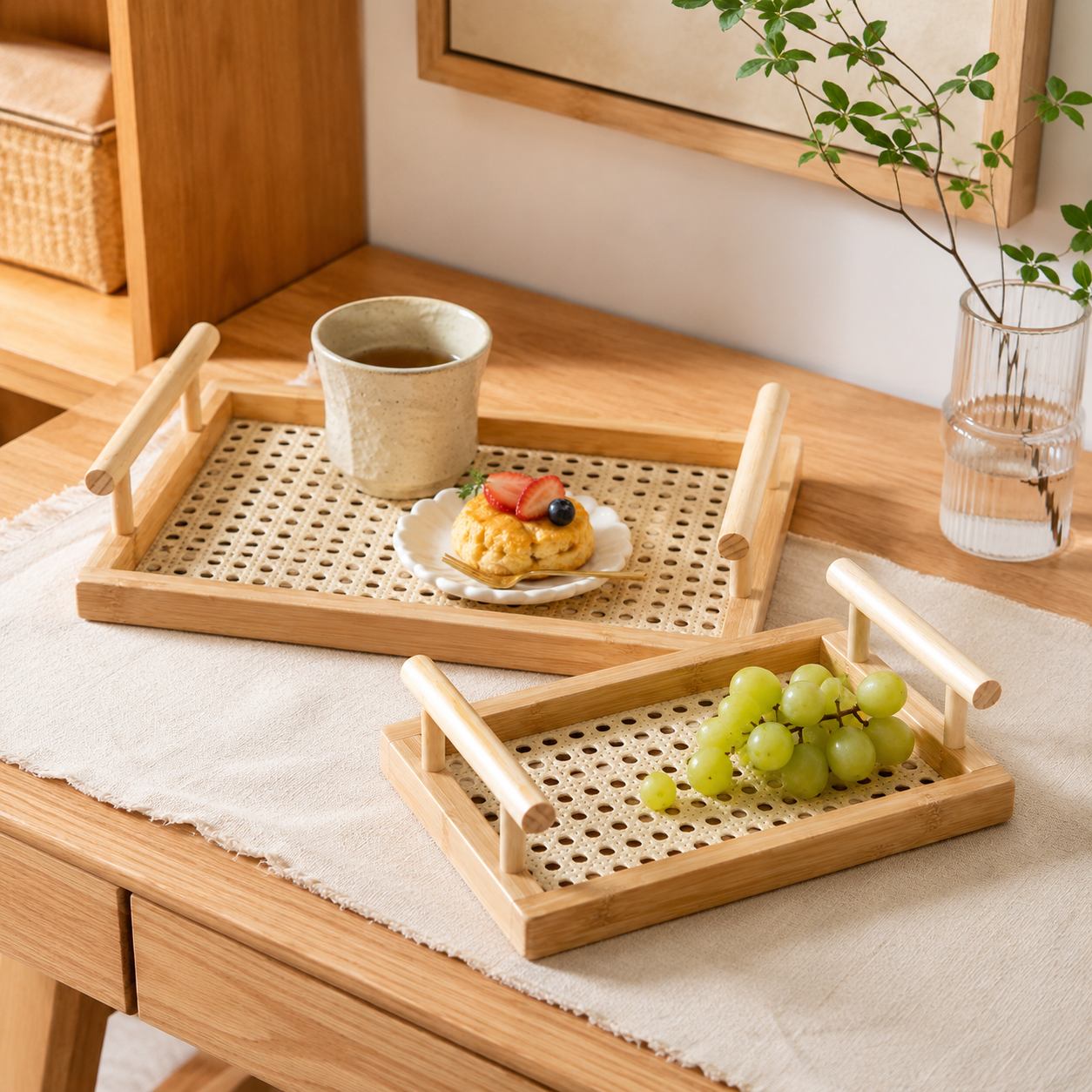 Rectangular Bamboo Serving Tray with Woven Base size or option view