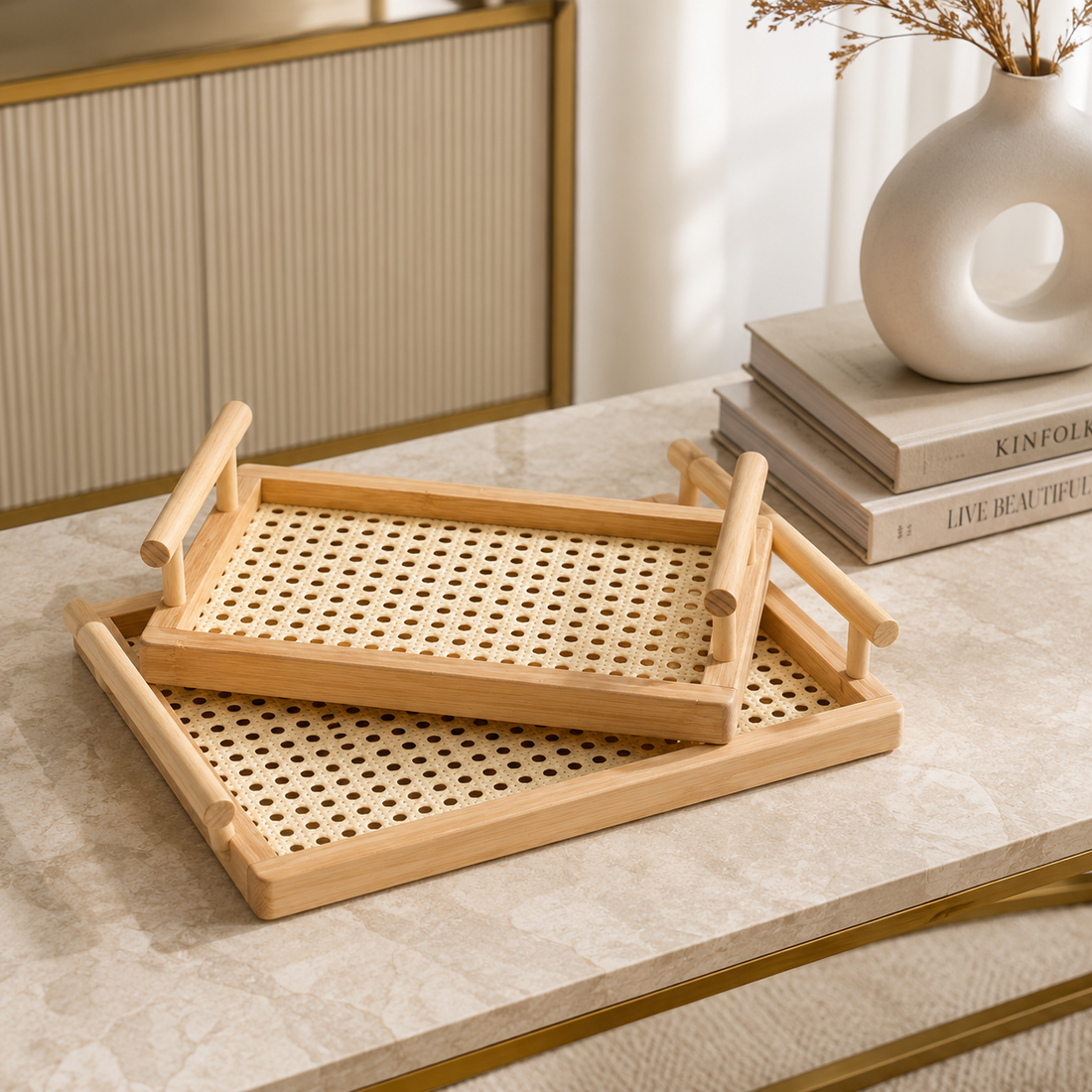 Rectangular Bamboo Serving Tray with Woven Base tabletop or shelf display
