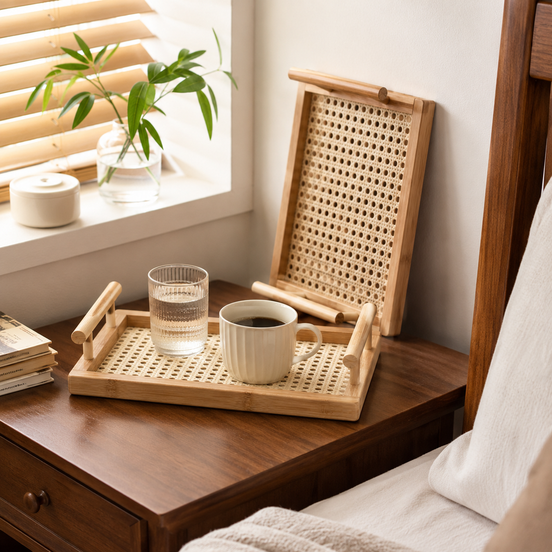 Rectangular Bamboo Serving Tray with Woven Base alternate angle