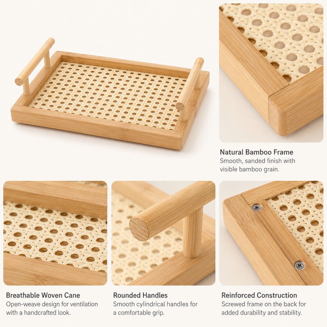 Rectangular Bamboo Serving Tray with Woven Base styled in a natural home setting