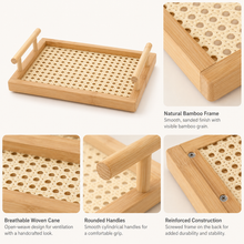 Rectangular Bamboo Serving Tray with Woven Base styled in a natural home setting