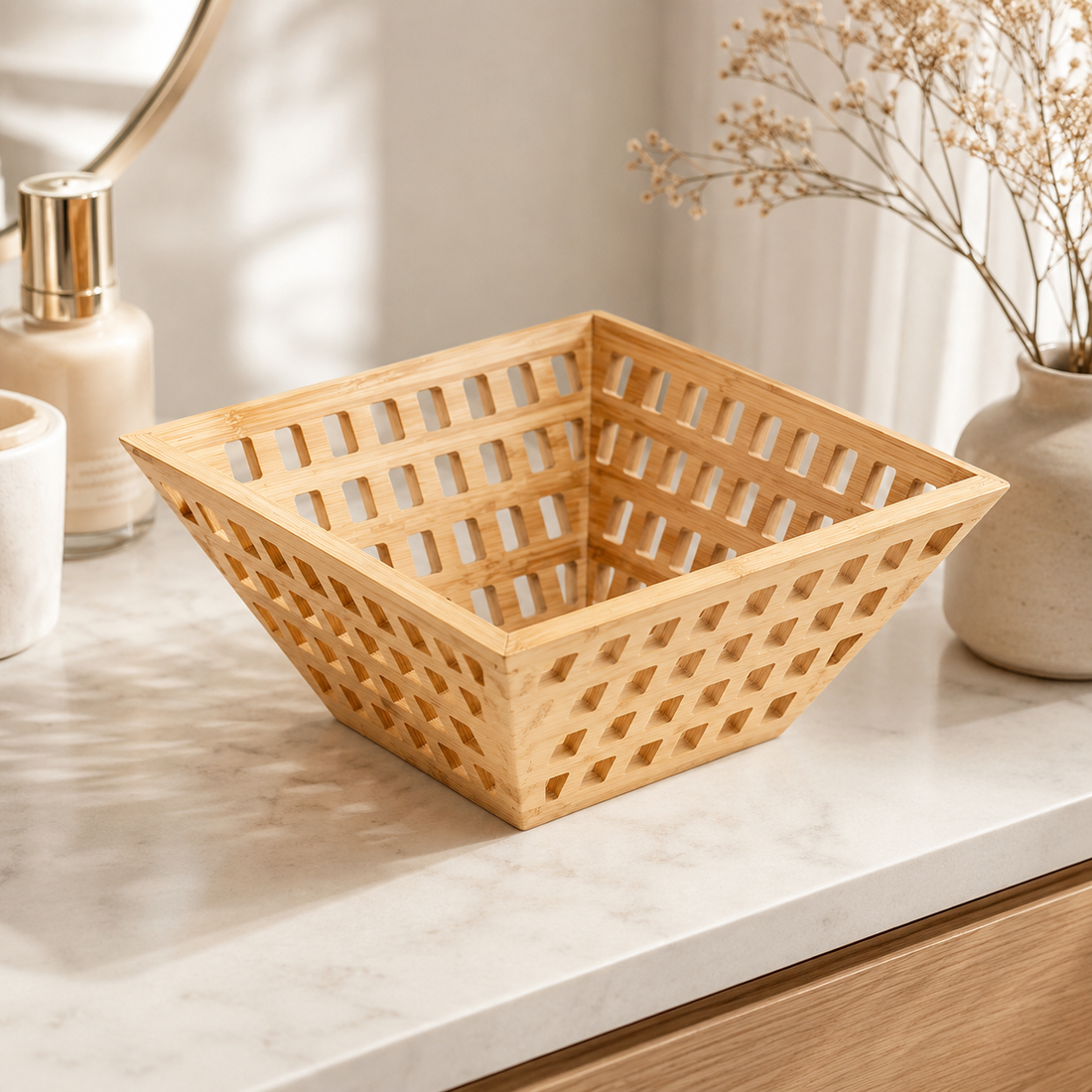 Openwork Bamboo Storage Basket tabletop or shelf display