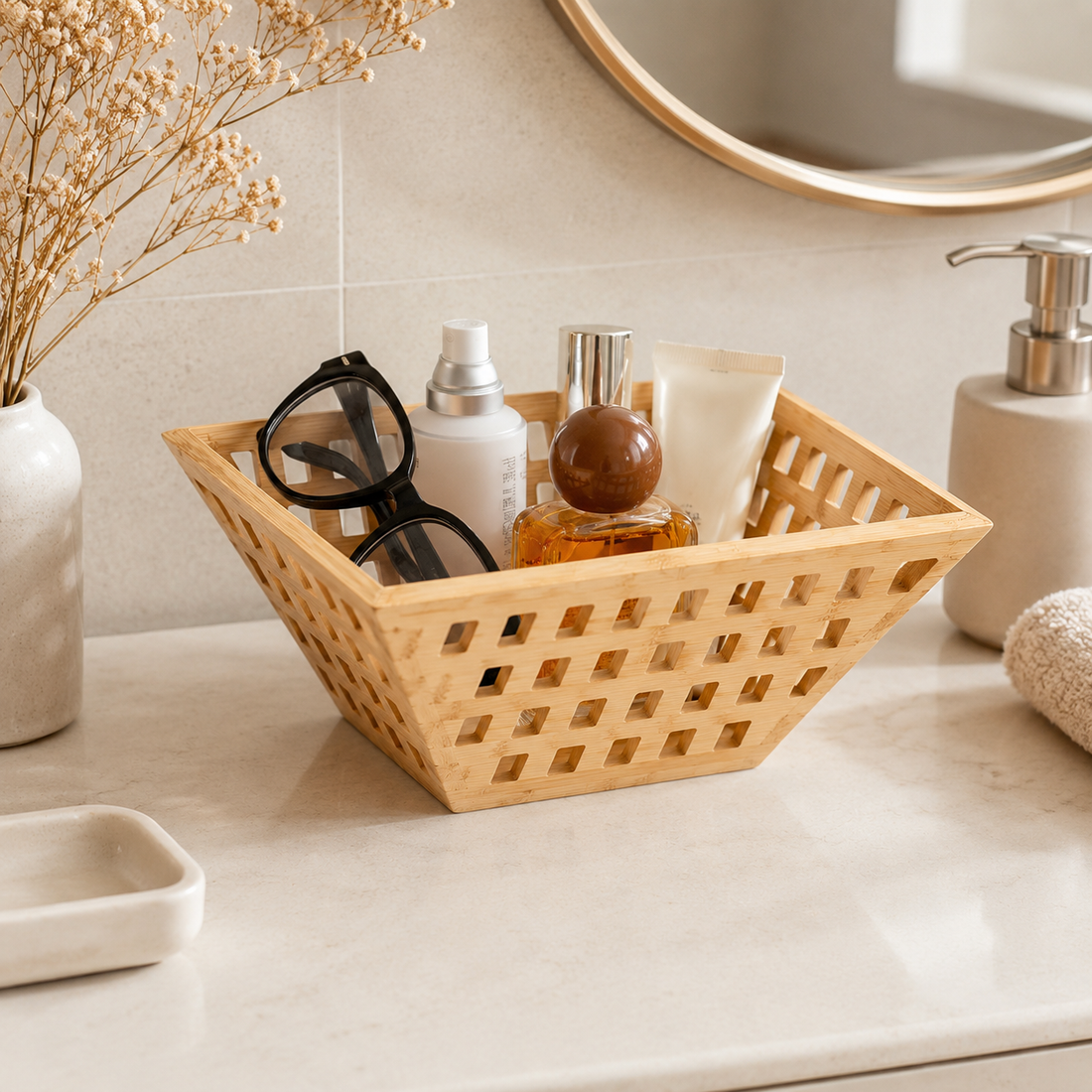 Openwork Bamboo Storage Basket close-up texture