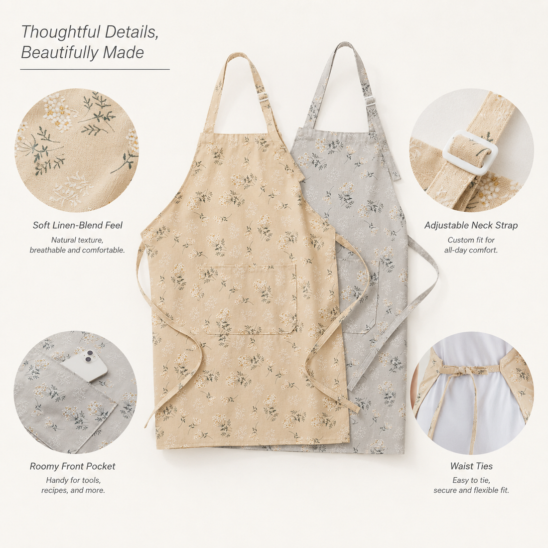 Floral apron detail chart showing adjustable neck strap, pocket, waist ties, and print