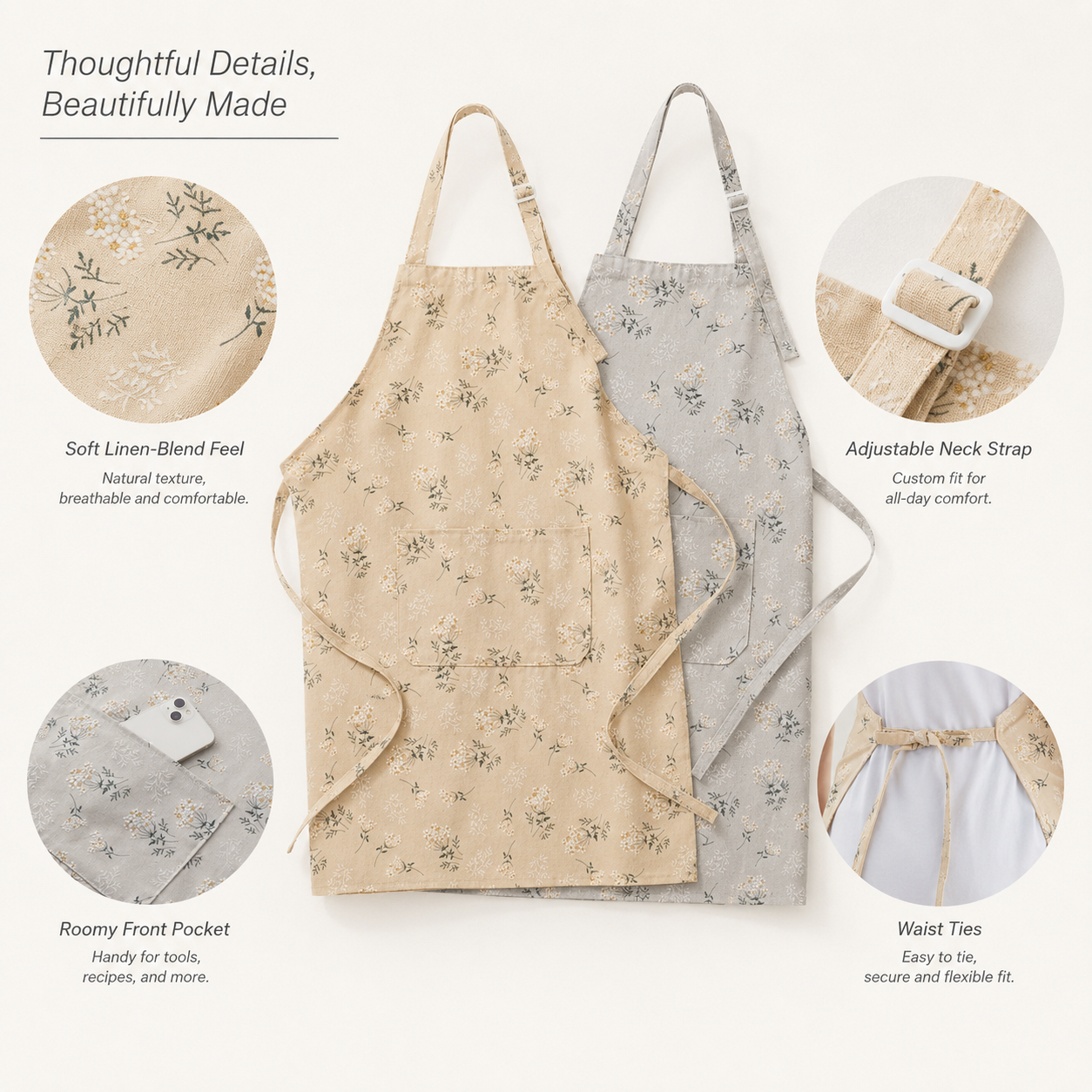 Floral apron detail chart showing adjustable neck strap, pocket, waist ties, and print