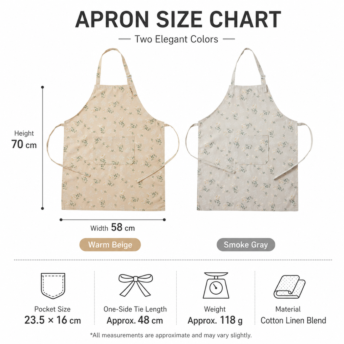Floral kitchen apron size chart showing 70 by 58 cm body and front pocket