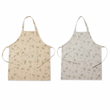 Warm beige and mist gray floral kitchen aprons on a white background