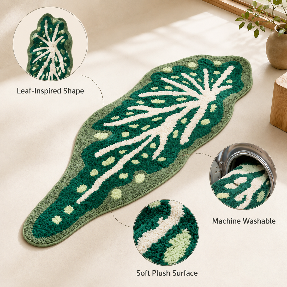 Leaf-Shaped Area Rug 60×160cm | Soft Tufted Botanical Mat