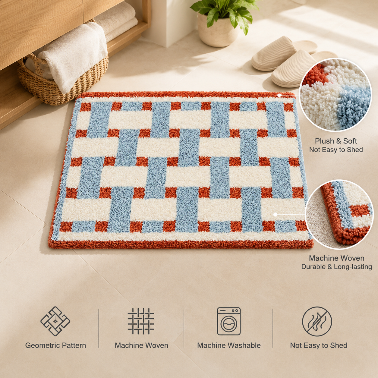 Geometric Tufted Rug 40×60cm | Machine Washable Mat