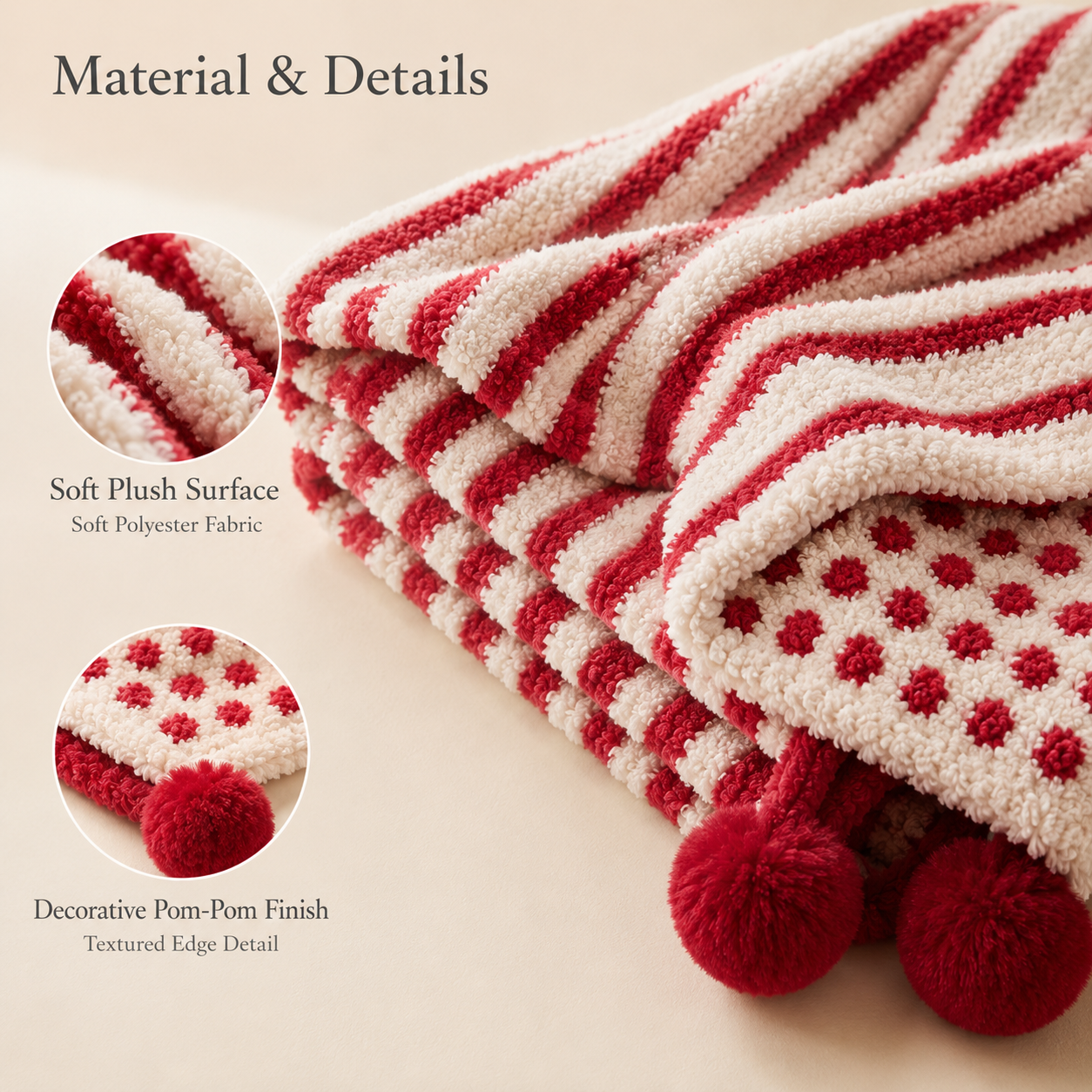 Red Striped Throw Blanket 120×160cm | Pom-Pom Trim