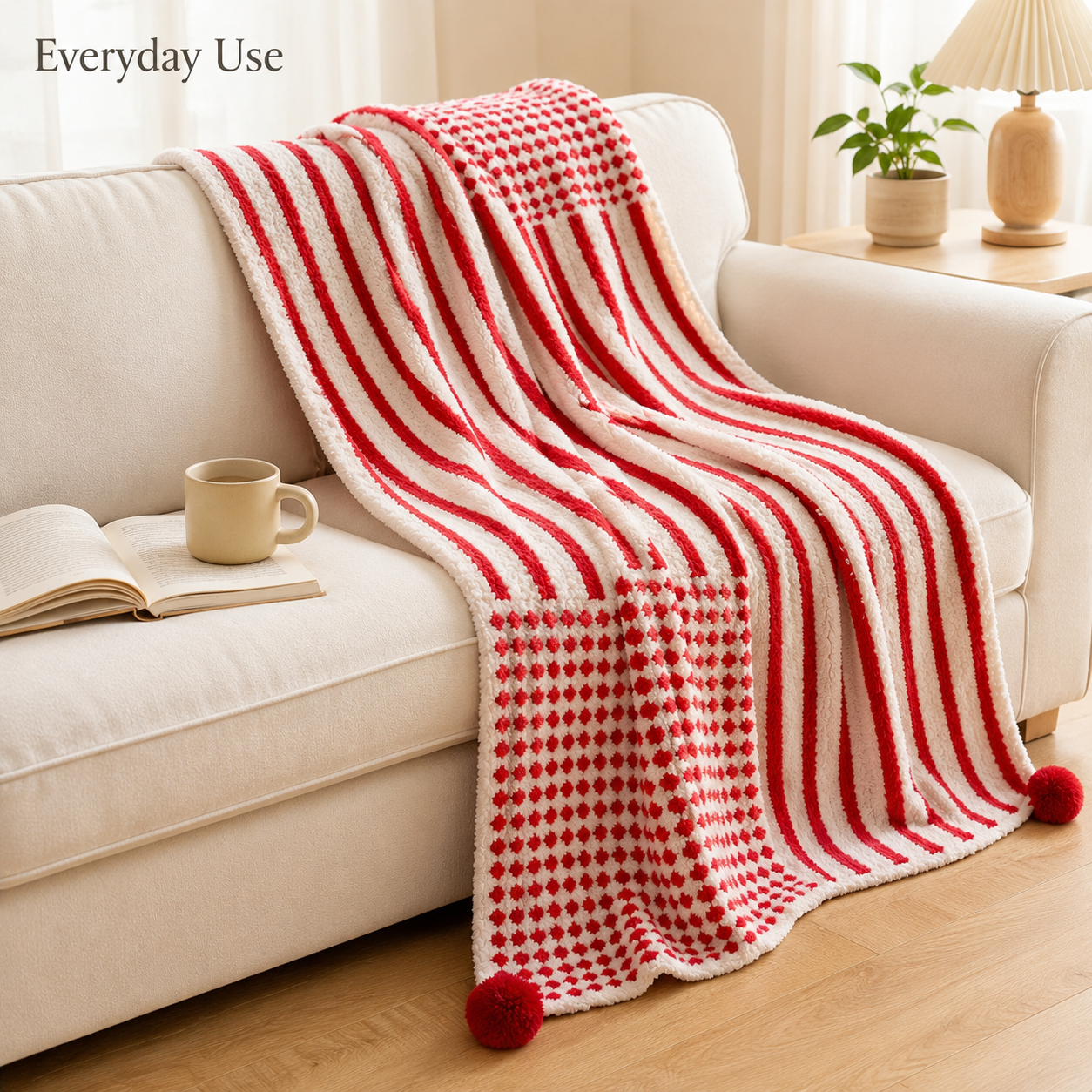 Red Striped Throw Blanket 120×160cm | Pom-Pom Trim
