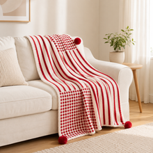 Red Striped Throw Blanket 120×160cm | Pom-Pom Trim