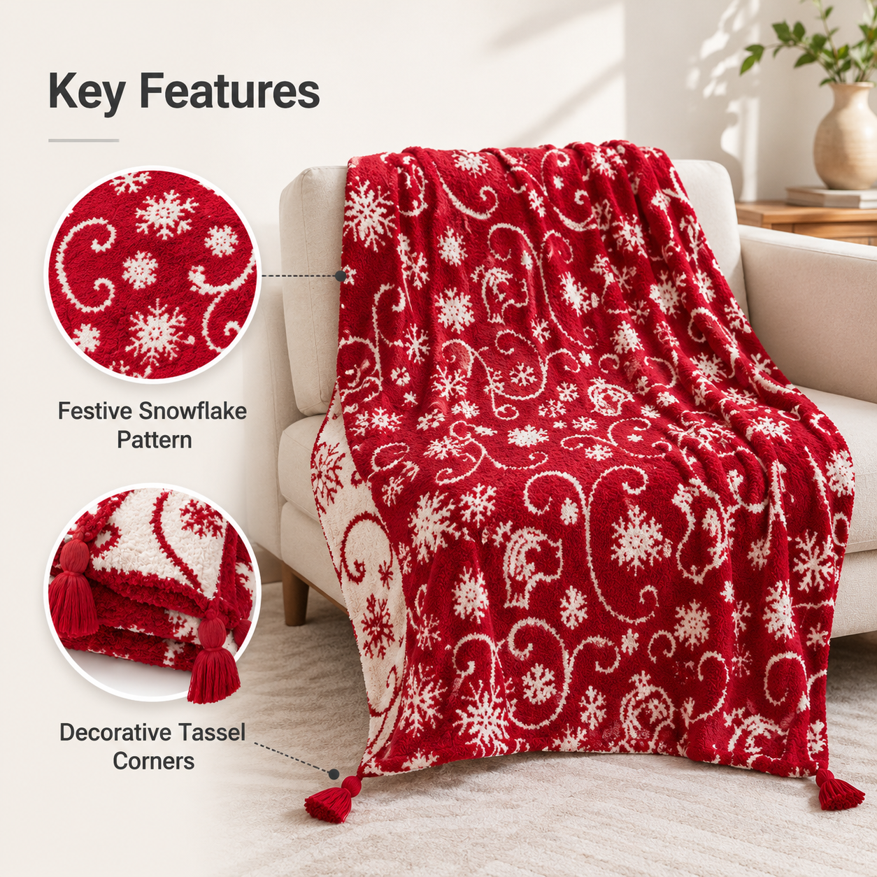 Christmas Snowflake Throw Blanket 130×150cm | Red Plush