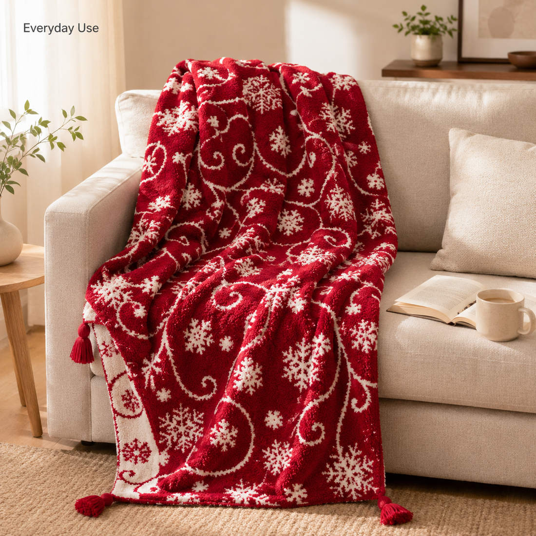 Christmas Snowflake Throw Blanket 130×150cm | Red Plush