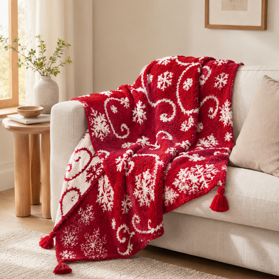 Christmas Snowflake Throw Blanket 130×150cm | Red Plush
