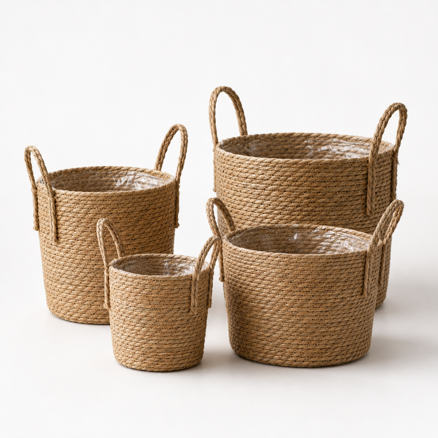 Natural Woven Planter Basket with Handles & Liner