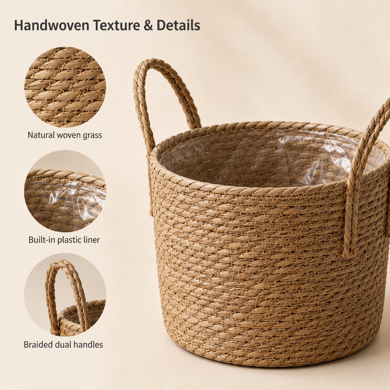 Natural Woven Planter Basket with Handles & Liner