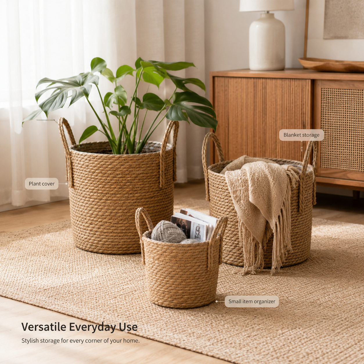 Natural Woven Planter Basket with Handles & Liner