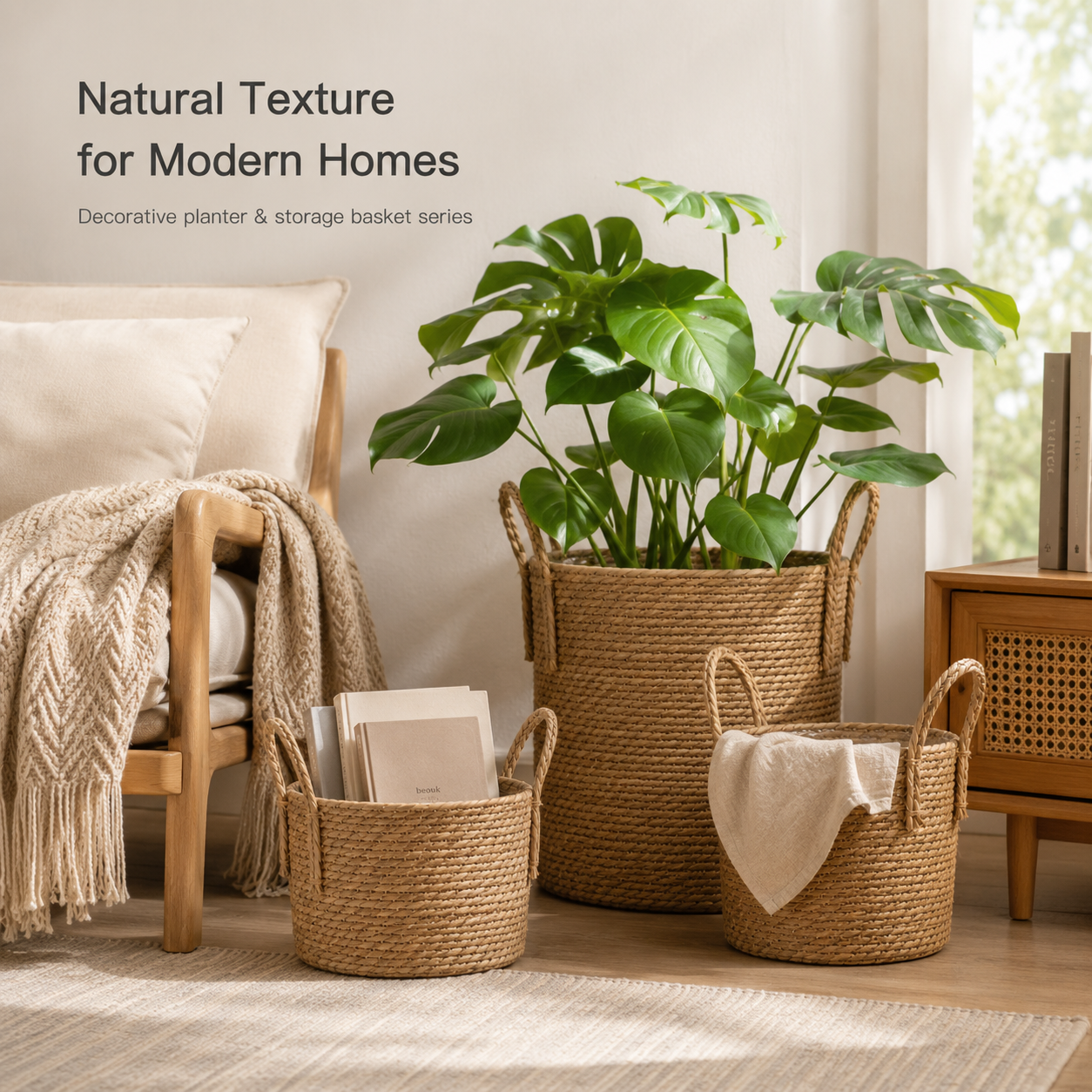 Natural Woven Planter Basket with Handles & Liner