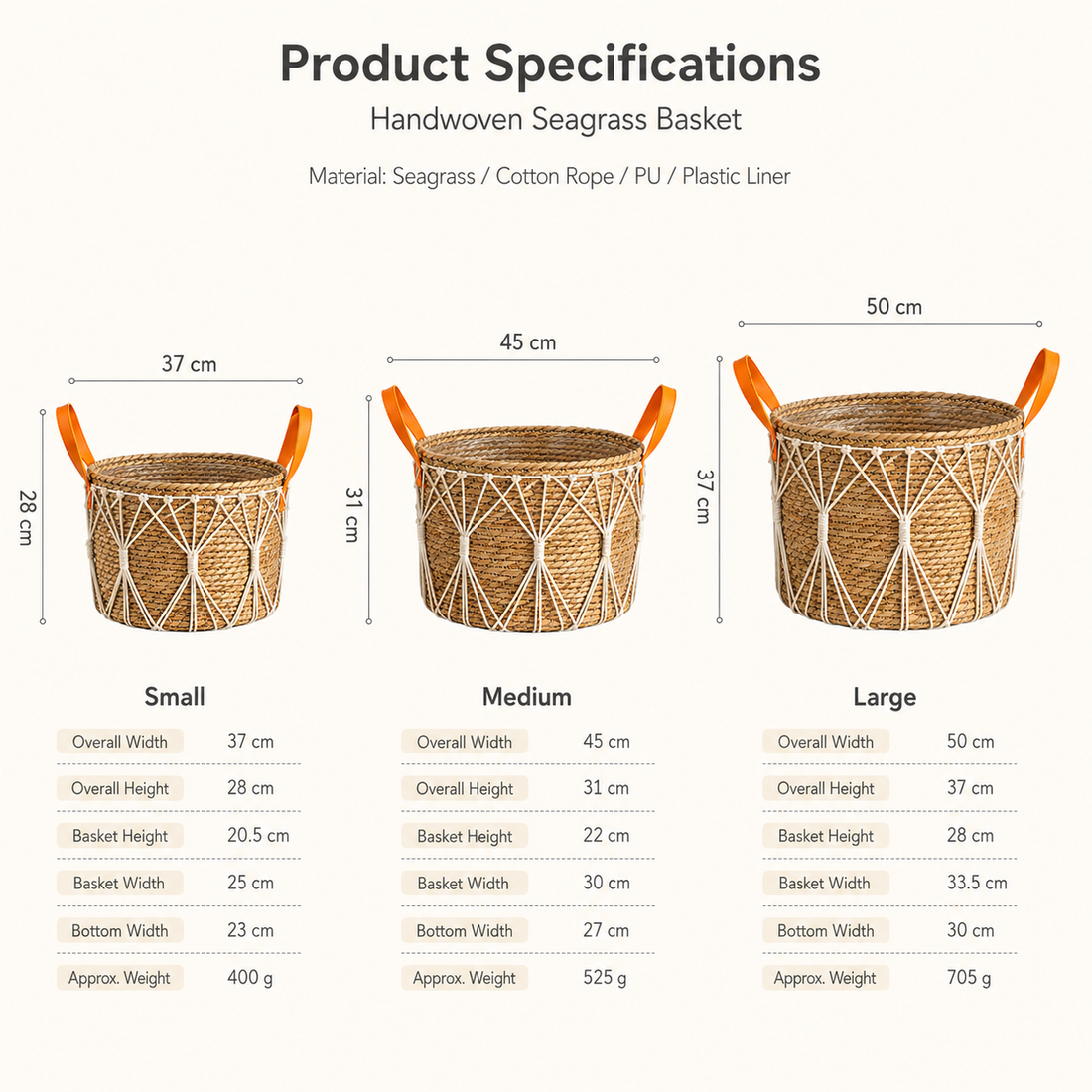 Natural Grass Woven Storage Basket with PU Handles