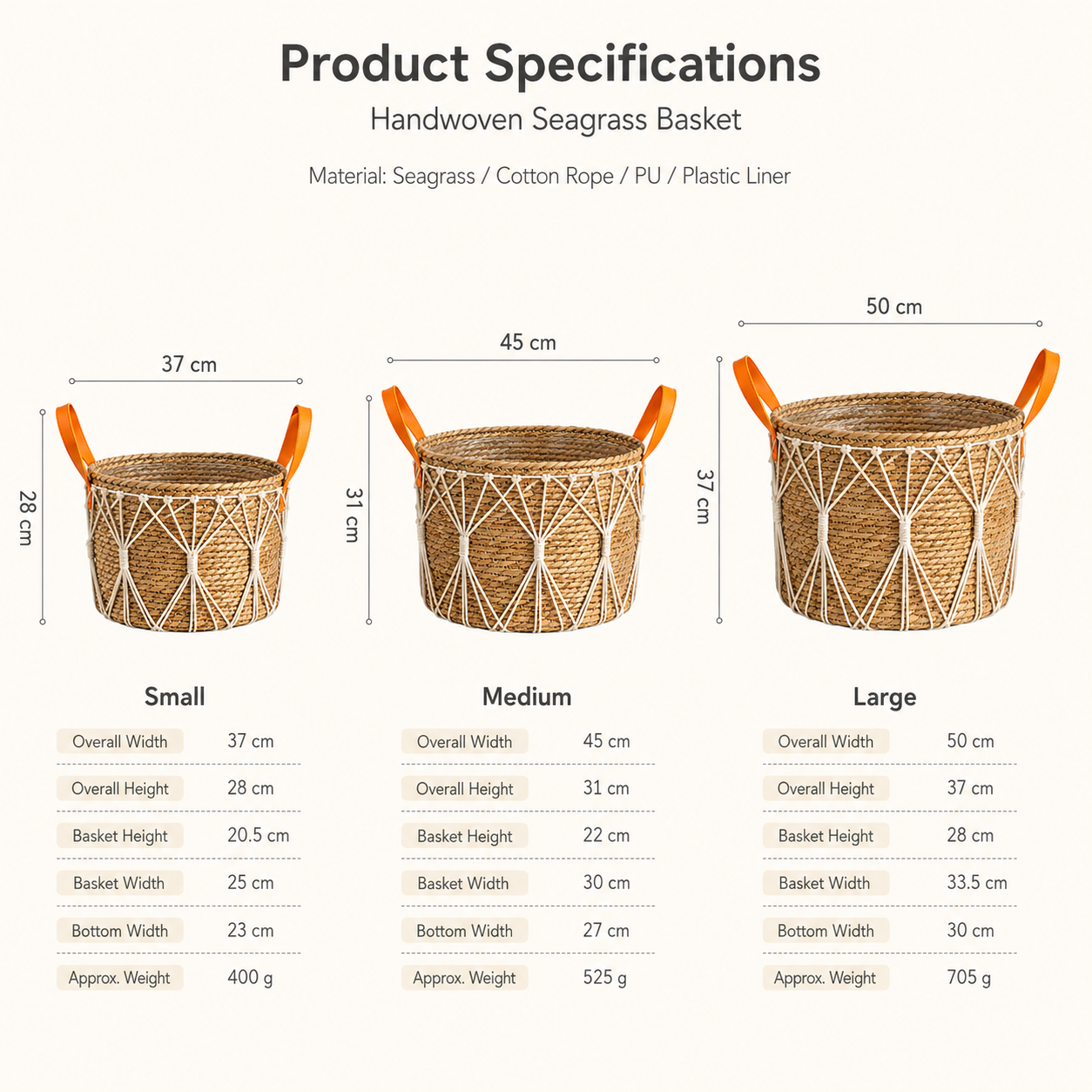 Natural Grass Woven Storage Basket with PU Handles