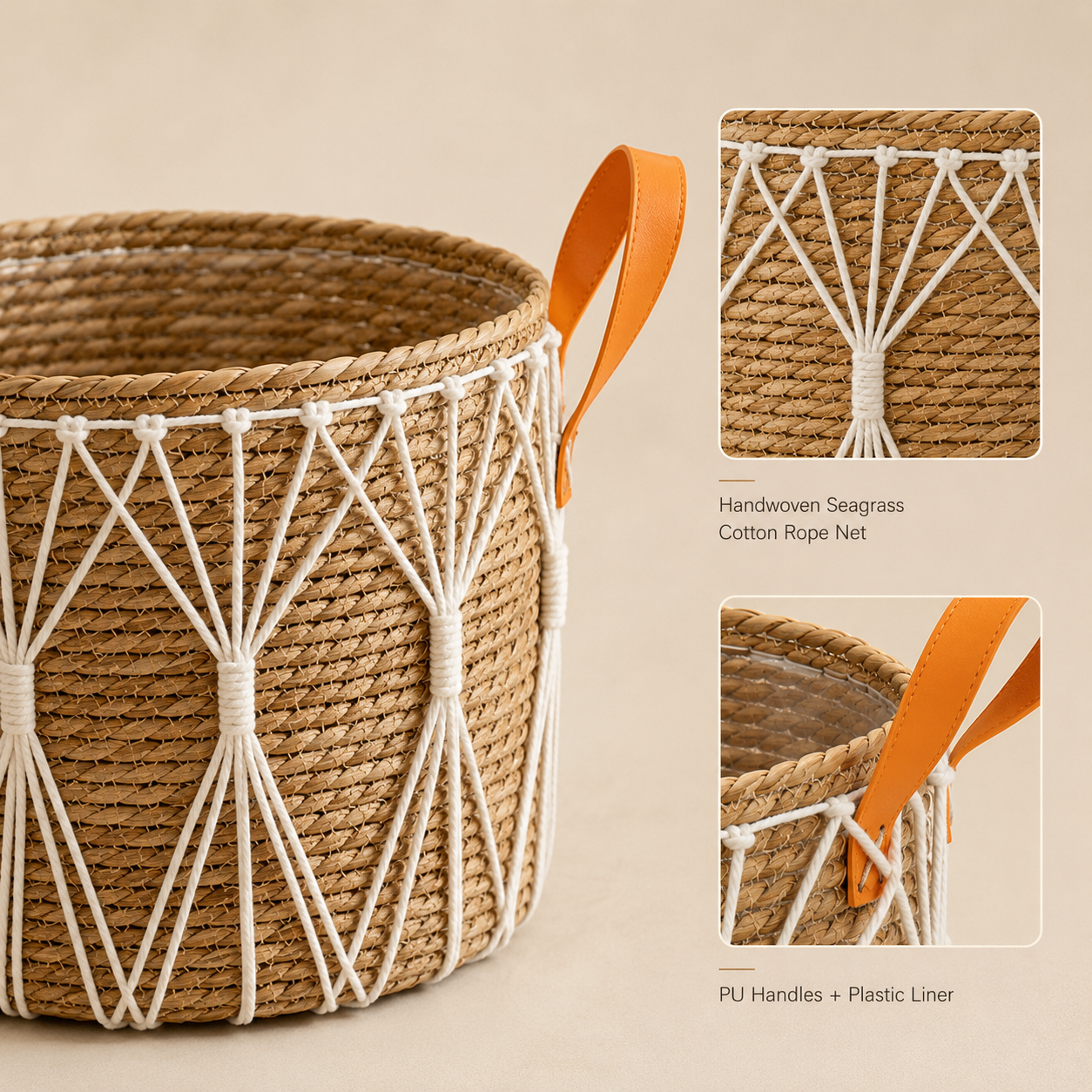 Natural Grass Woven Storage Basket with PU Handles