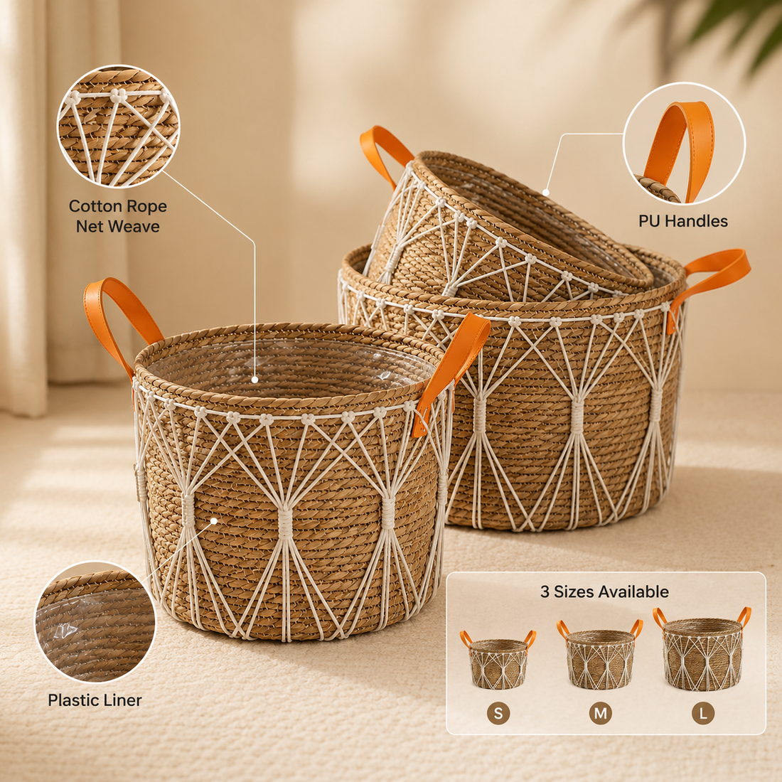 Natural Grass Woven Storage Basket with PU Handles
