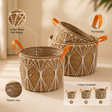 Natural Grass Woven Storage Basket with PU Handles