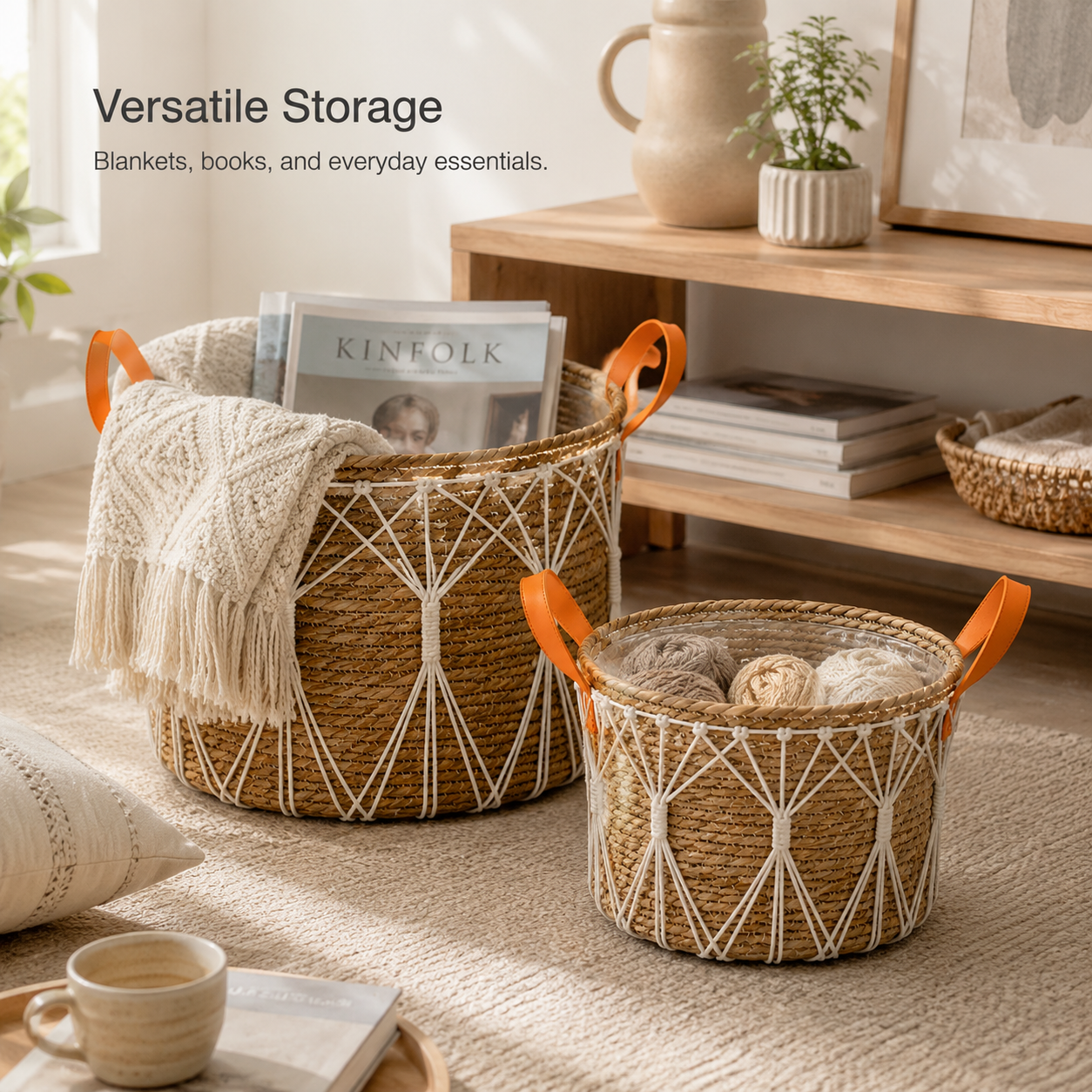 Natural Grass Woven Storage Basket with PU Handles