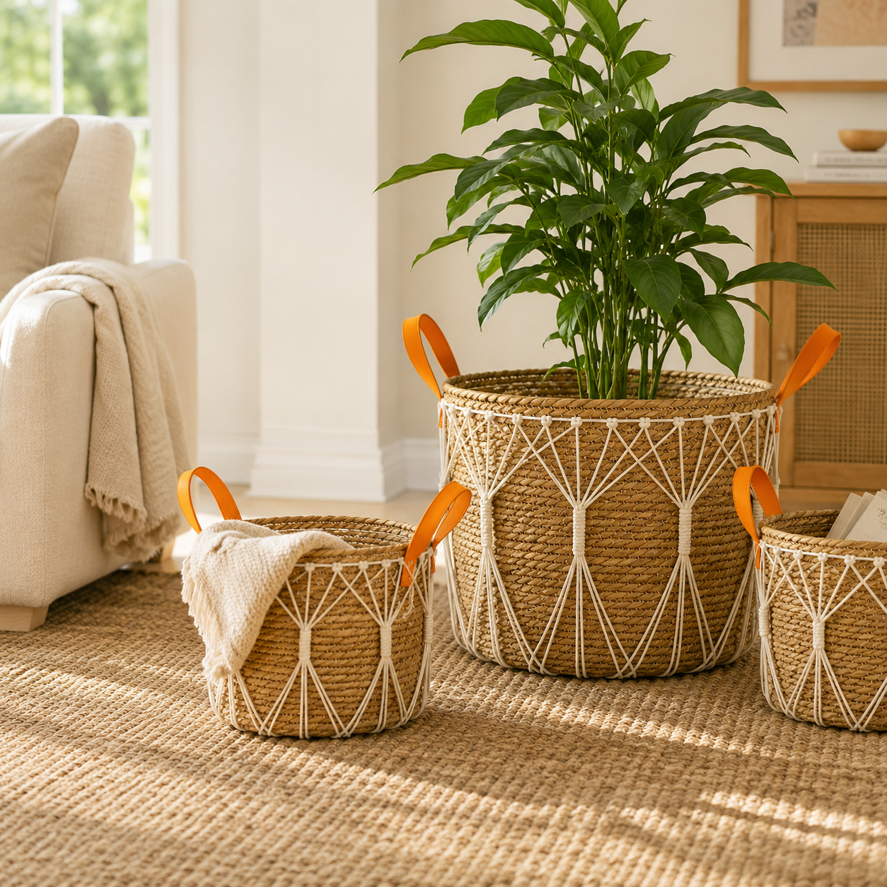Natural Grass Woven Storage Basket with PU Handles