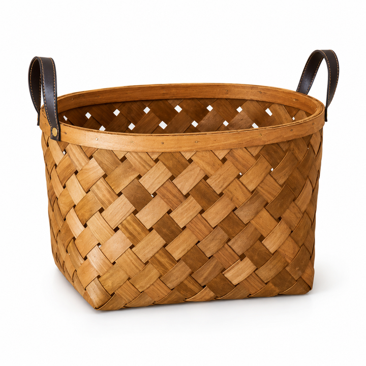 Woven Fir Wood Storage Basket with PU Handles | 36×28cm