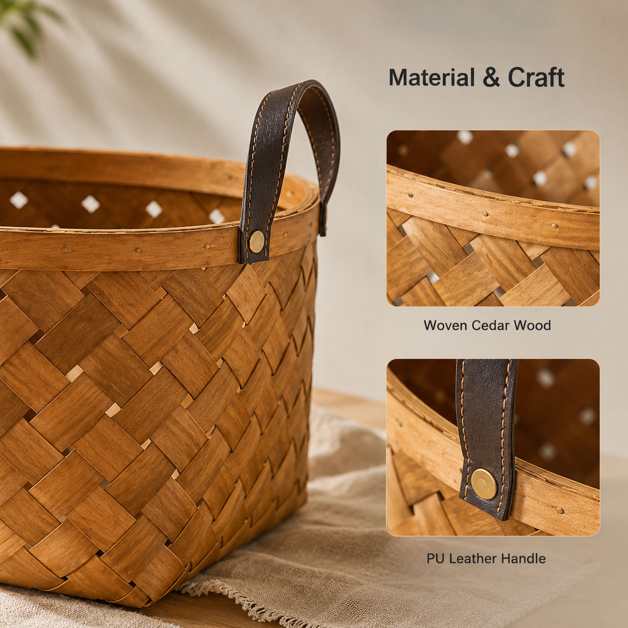 Woven Fir Wood Storage Basket with PU Handles | 36×28cm