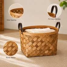 Woven Fir Wood Storage Basket with PU Handles | 36×28cm