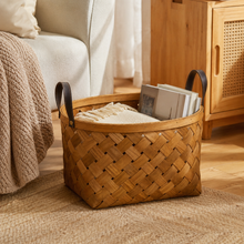 Woven Fir Wood Storage Basket with PU Handles | 36×28cm