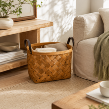 Woven Fir Wood Storage Basket with PU Handles | 36×28cm