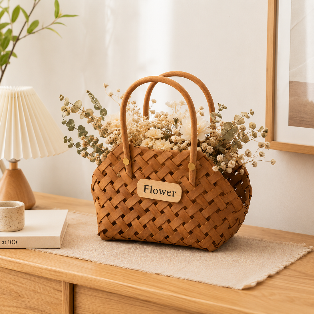 Handwoven Bamboo Flower Basket with Double Handles