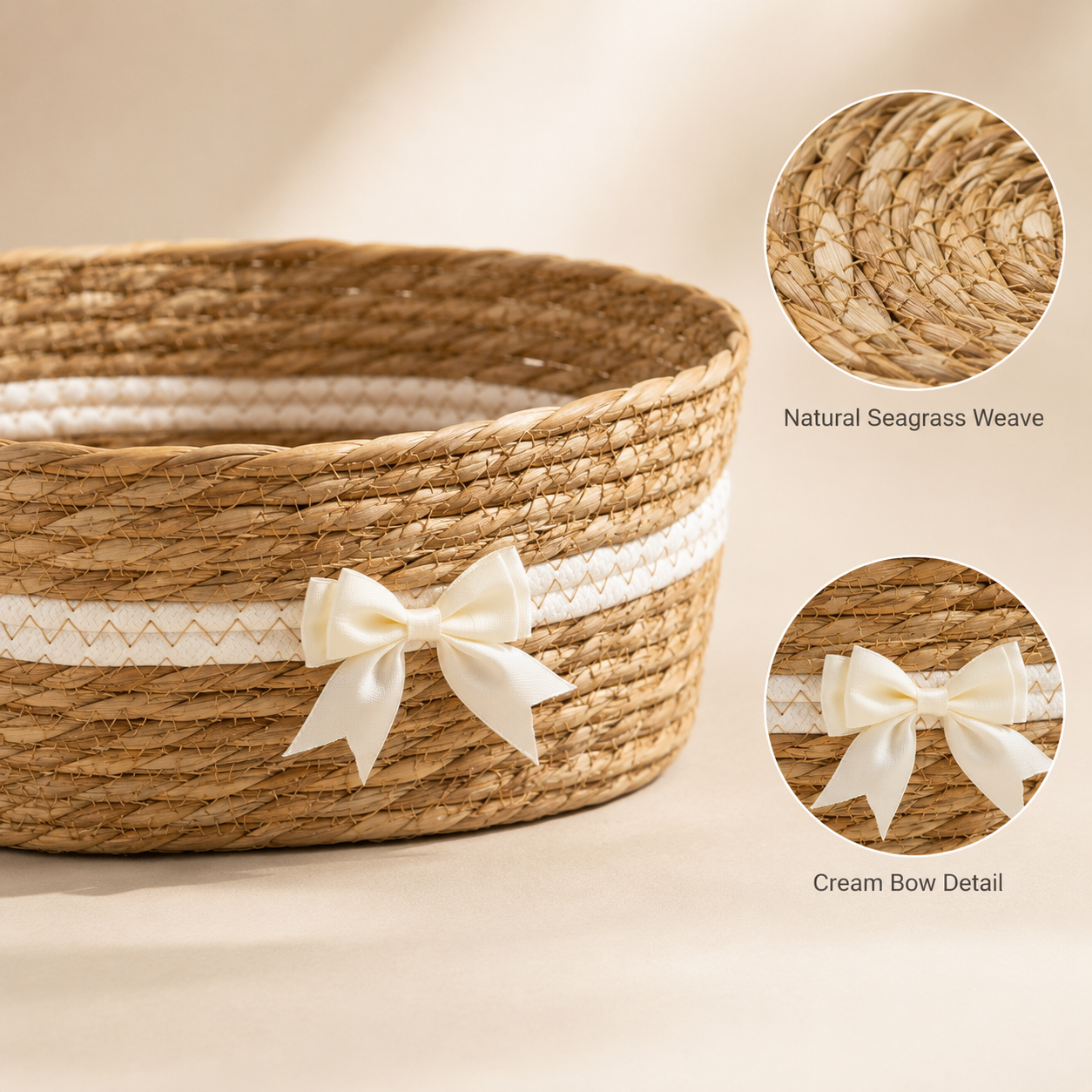 Natural Cattail Storage Basket with Bow | 2 Sizes