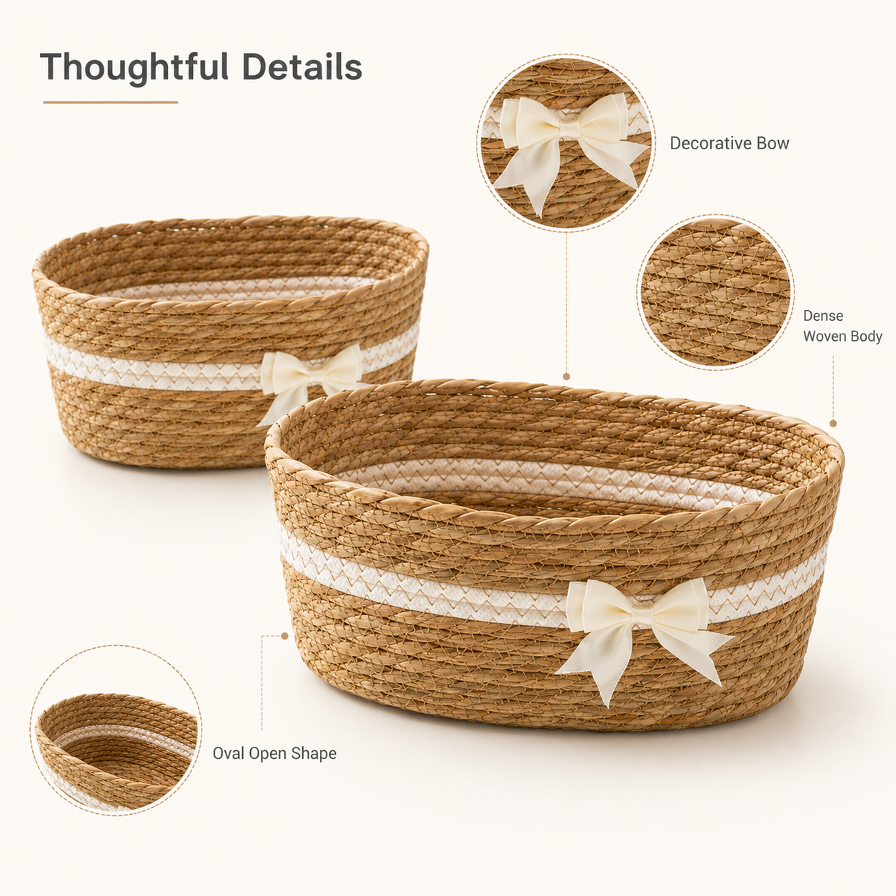 Natural Cattail Storage Basket with Bow | 2 Sizes