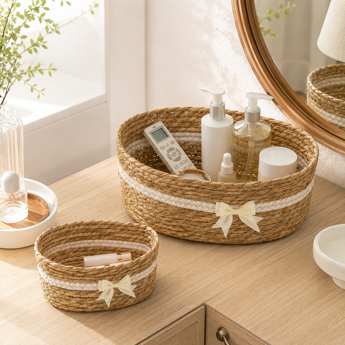 Natural Cattail Storage Basket with Bow | 2 Sizes