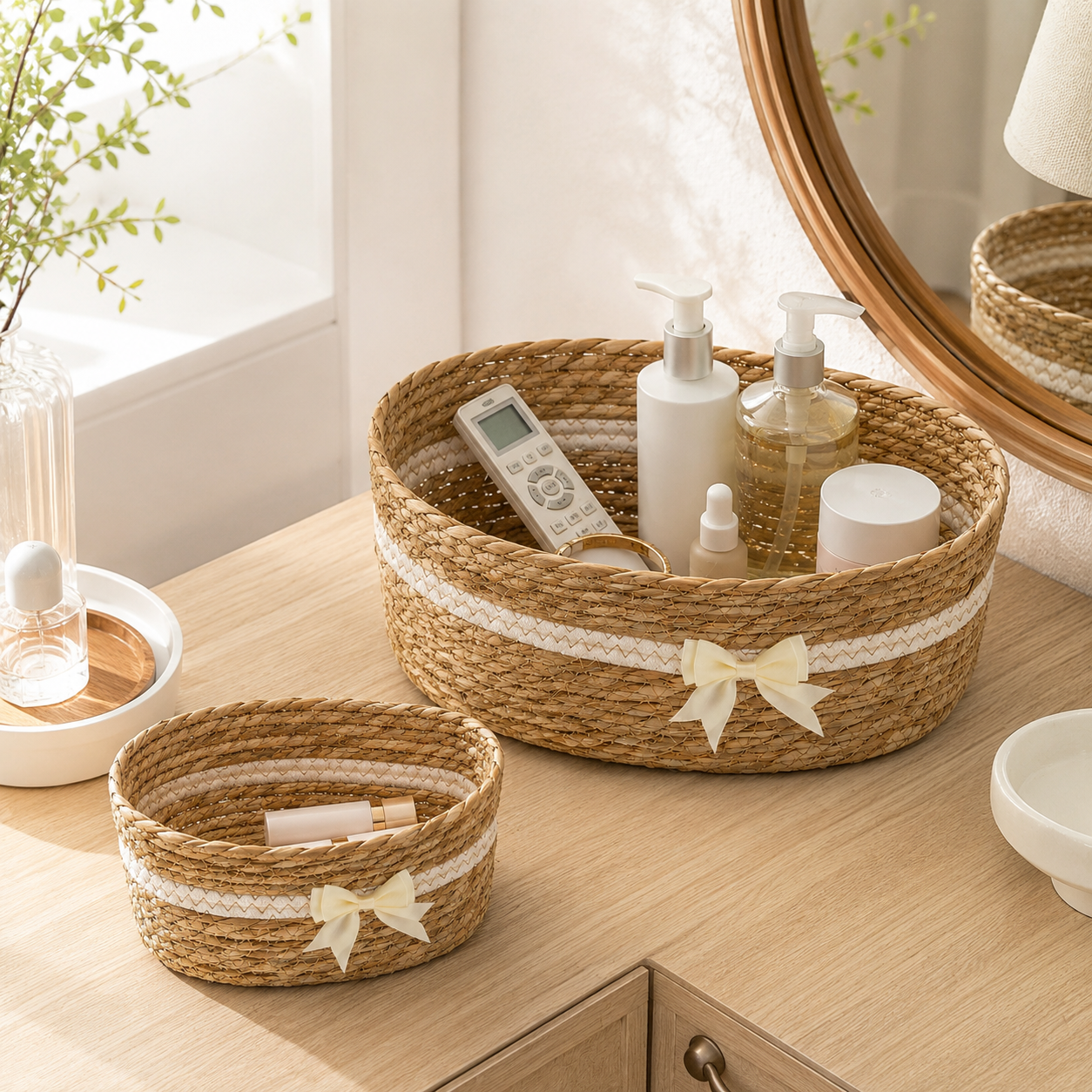 Natural Cattail Storage Basket with Bow | 2 Sizes