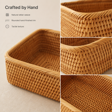 Close-up collage of the woven rim, corners, and base of a rattan storage basket