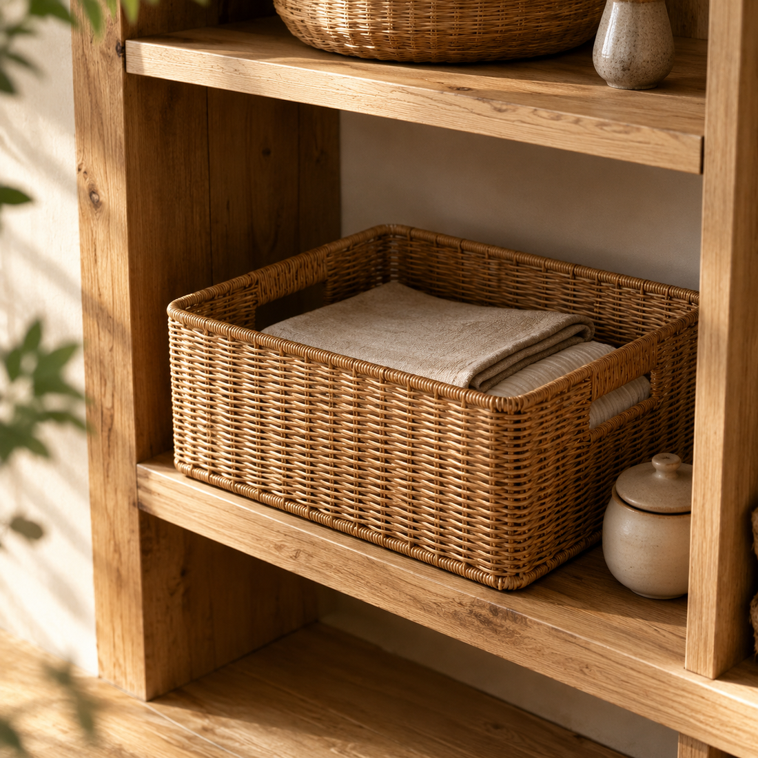 Rectangular Wicker Basket for Shelf Storage close-up texture