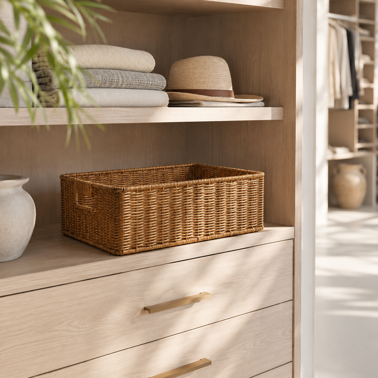 Rectangular Wicker Basket for Shelf Storage styled in a natural home setting